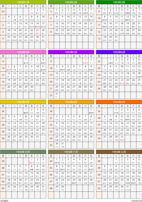 1993年日历